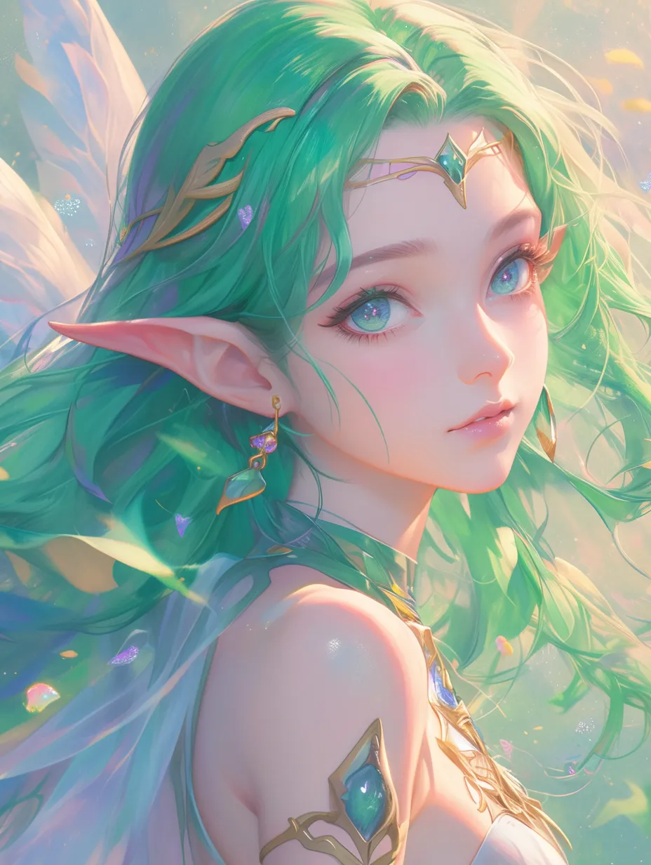 An elegant elf with a glamorous, modern aesthetic inspired by Studio Ghibli. Featuring a mirror effect and backlighting, the scene is adorned with pastel colors in a medium close-up shot. The ultra-detailed portrayal highlights a slender waist, striking blue eyes, and flowing green hair against a starry background. She wears a long dress with tassels, complemented by warm lip color, a delicate face, and exquisite earrings. Amulet decorations and ear accessories enhance her look, while a sheer veil and outlined patterns add to the enchantment of her long earlobes.