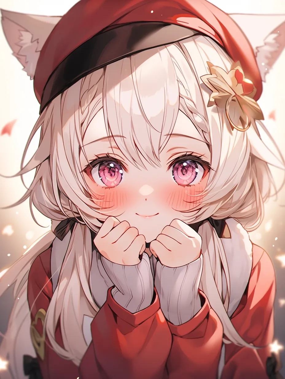 Cat-eared girl, dreamy and comic style, from a Japanese anime studio, with radiant skin and soft lighting in pink tones. Close-up shot in high definition, featuring sparkling eyes and expressive eyebrows. She wears a beret adorned with a saber-toothed tiger pattern against a bright silver and red background. Exquisite textures enhance her cute smile and ethereal aura.