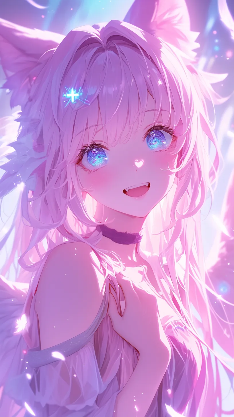 An adorable girl in a pixel art style, featuring frosted glass effects and backlighting, adorned with pastel colors. This mid-shot close-up showcases ultra-detailed features, including cat ears, soft, fluffy feathers, rosy lips, and sparkling blue eyes. Her flowing light blue hair frames a graceful pose, complemented by a sweet smile and a joyful expression captured in an instant. This is a masterpiece of the highest quality and high resolution.