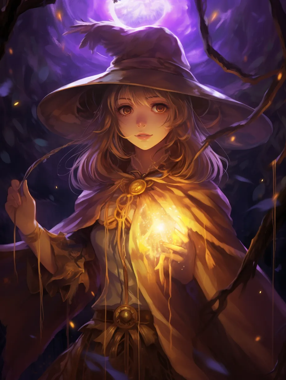 Witch, enigmatic, floating amidst golden feathers, wide-open eyes radiating an enchanting glow, draped in a translucent cloak within a shadowy forest. This fantasy art style, inspired by Hayao Miyazaki and Studio Ghibli, features crystal jewelry and magical light effects, showcasing brilliant purples. Her gaze is directed upward against the backlight, all rendered in ultra-detailed splendor.