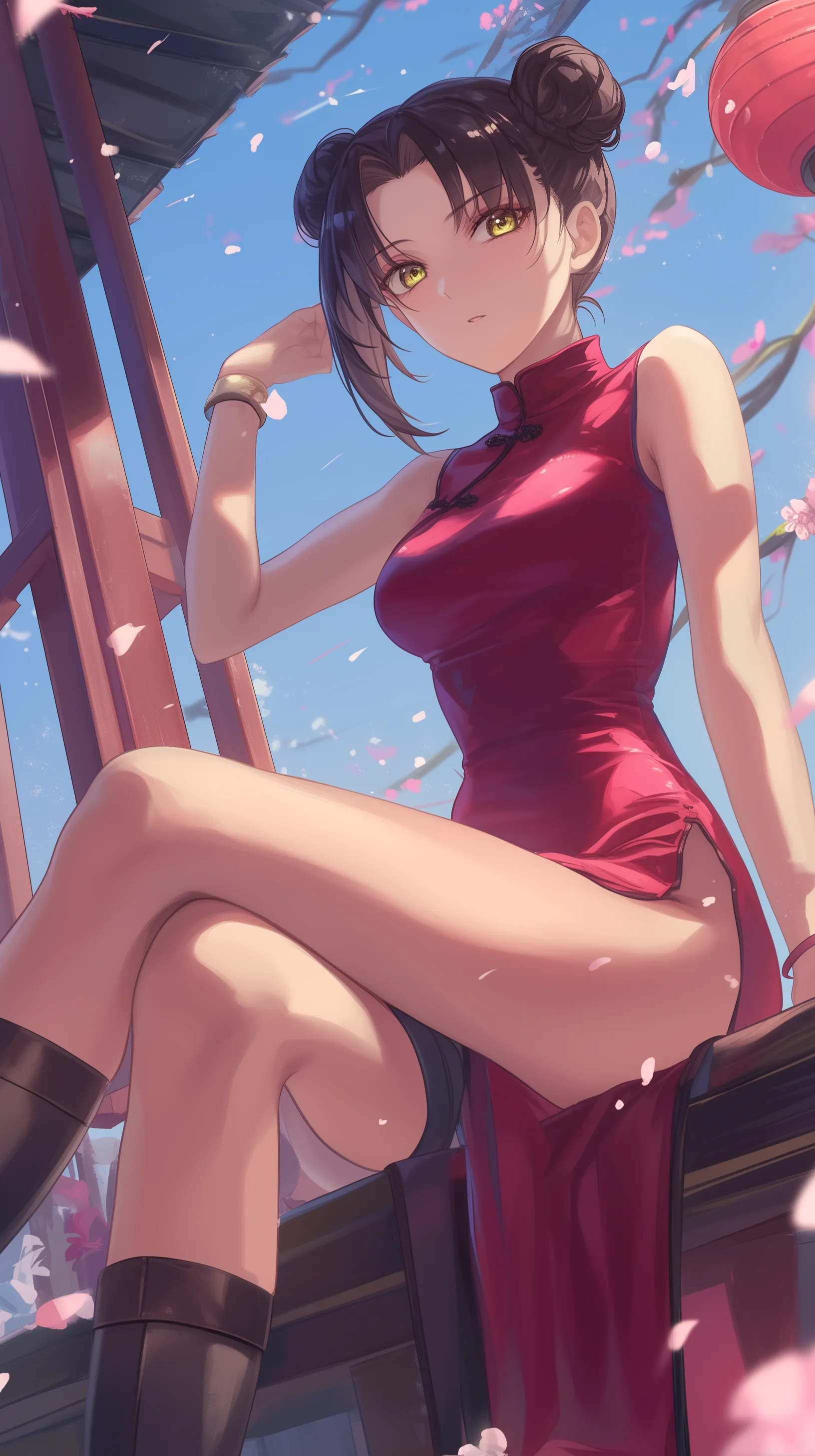 Tenten from NARUTO, depicted with a slender figure in an illustrated outdoor setting, elegantly dressed in a qipao.