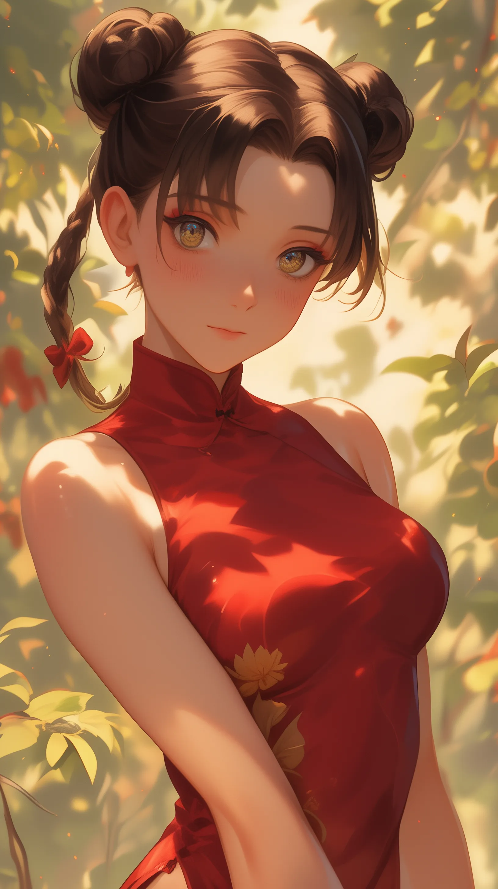 NARUTO character Tenten, slender build, illustrated in an outdoor setting, exuding elegance in a qipao attire.