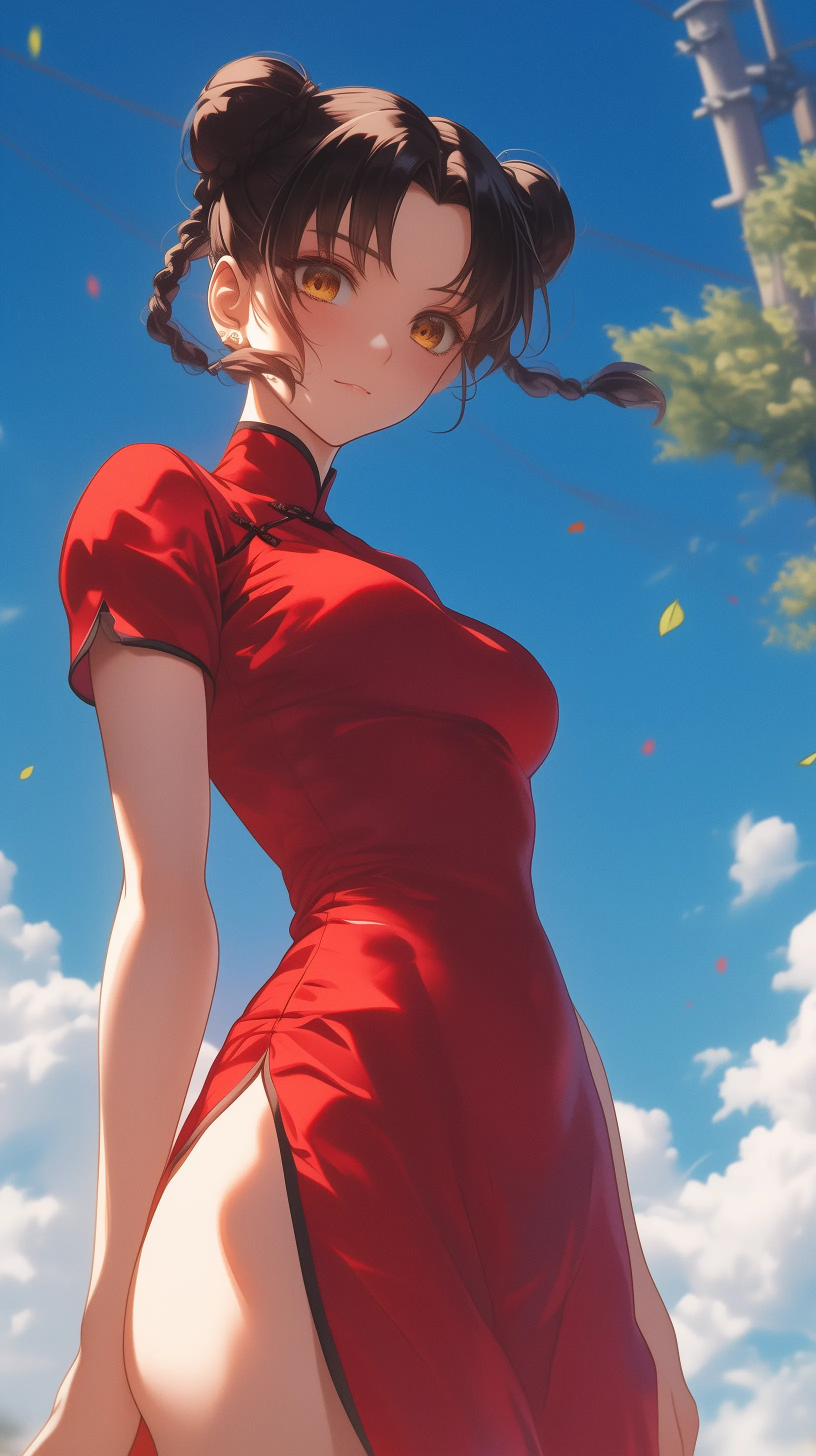 Character Tenten from NARUTO, with a slender figure, set in an illustrated ambiance against an outdoor background, dressed in a qipao outfit.