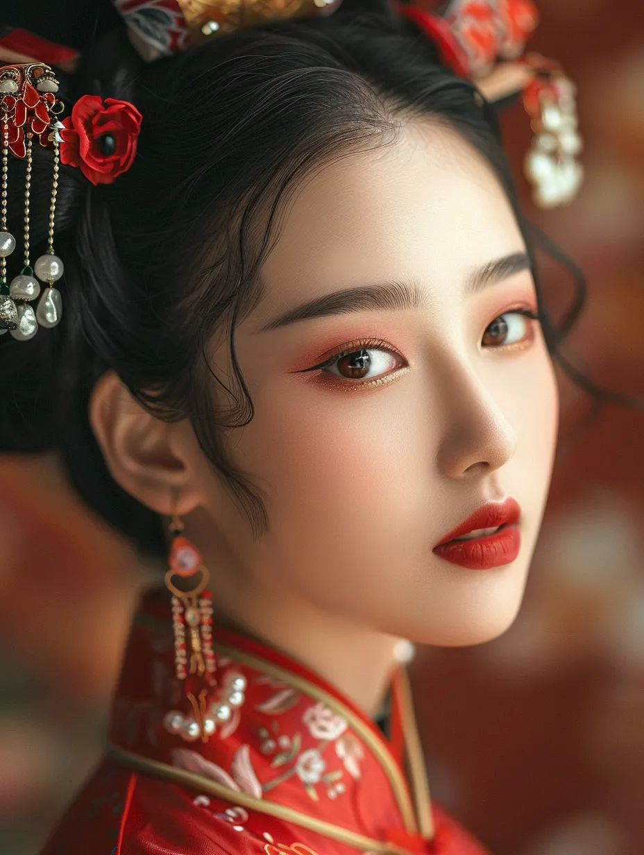 A stunningly beautiful Chinese woman, embodying the essence of national beauty, captured in high detail, 32K UHD portrait close-up. The image showcases breathtaking beauty, featuring a traditional Chinese hairstyle, exquisitely perfect features, delicate makeup, intricate eye makeup, and sparkling large eyes. She wears lipstick and a striking red Tang suit, creating a captivating facial close-up.