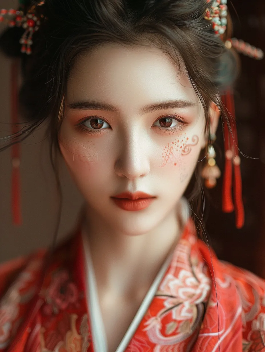 A breathtakingly beautiful Chinese woman, embodying the essence of national beauty, captured in exquisite detail at 32K resolution, UHD. This close-up portrait showcases unparalleled image quality, accentuating her exquisite features and intricate makeup, including delicate eye makeup and large, expressive eyes. She adorns bold lipstick and a striking red Tang suit, perfectly complemented by her elegant traditional Chinese hairstyle.