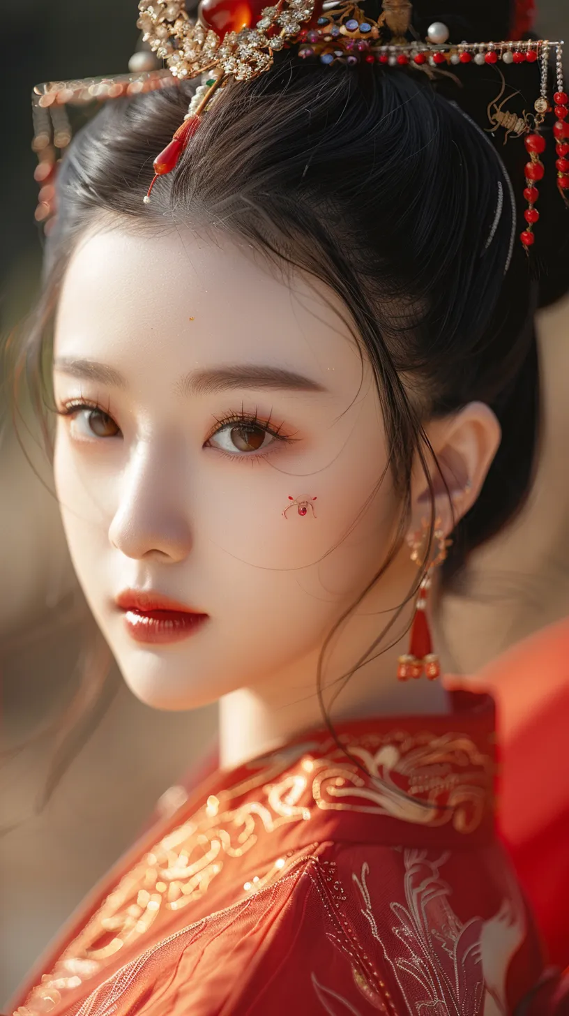 A breathtaking Chinese beauty, radiating national charm, captured in stunning detail with 32K UHD resolution. This portrait close-up showcases her exquisite features and elegant hairstyle, adorned in traditional attire. Her delicate makeup highlights her intricate eye makeup and sparkling large eyes, while her bold red lipstick beautifully complements her vibrant red Tang suit.