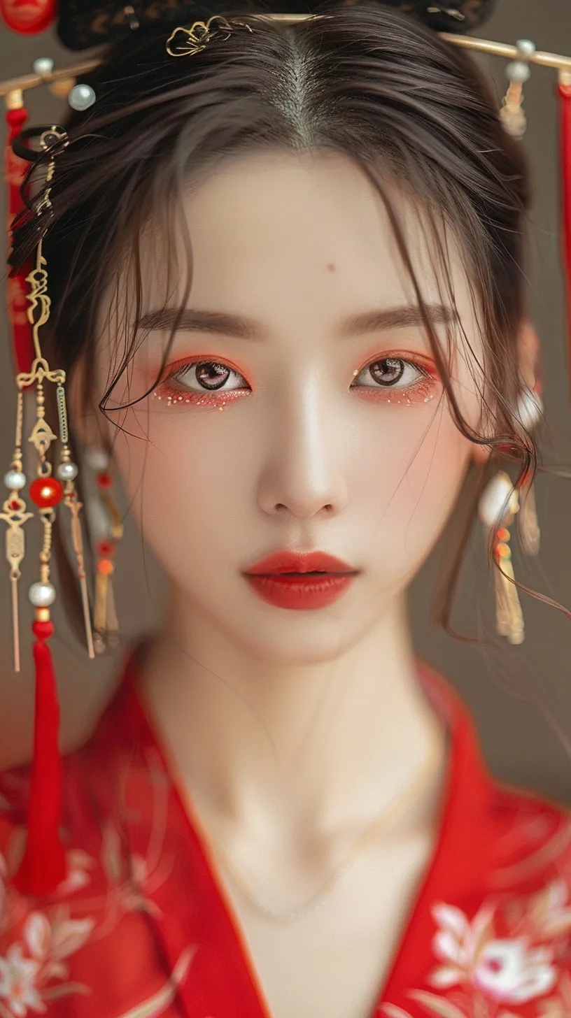 A breathtakingly beautiful Chinese woman exemplifying the essence of national beauty, captured in high detail with 32K resolution and UHD quality. This portrait close-up showcases her exquisite ancient Chinese hairstyle, perfectly defined features, delicate makeup, intricate eye makeup, and sparkling large eyes. She wears lipstick and is elegantly dressed in a red Tang suit.