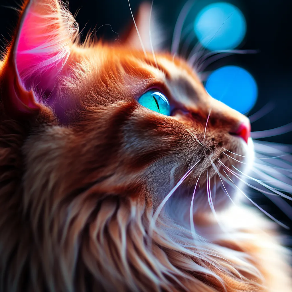 A vividly colorful cat, captured in a close-up shot with a Fujifilm camera and enhanced by a beautiful depth of field.