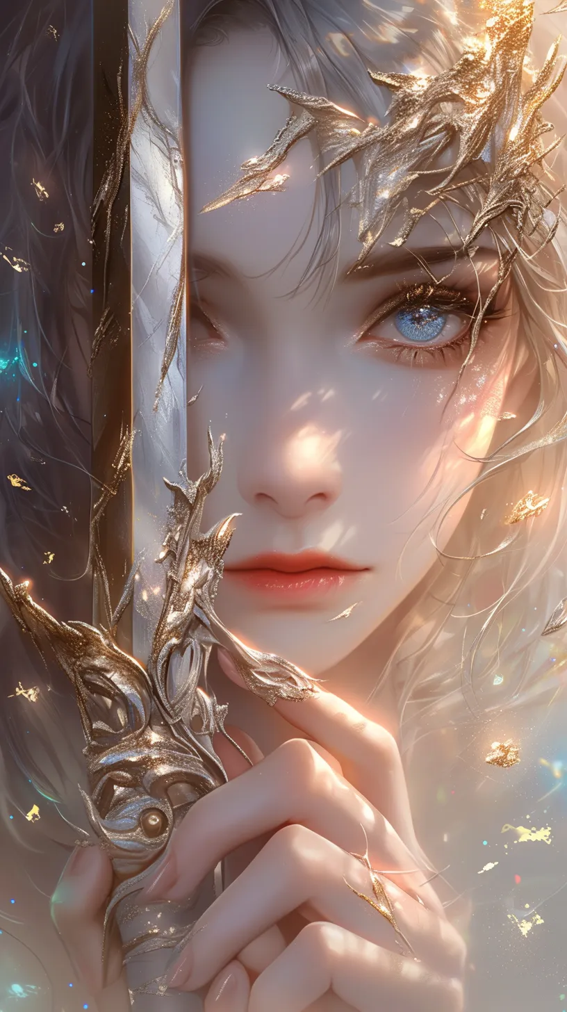 A girl, an independent warrior, shrouded in mystery, high resolution, with beautifully detailed eyes and an exquisitely crafted face. Her soft lips and striking blue eyes enhance her melancholic expression. She holds a silver sword hilt that shimmers with gold accents, set against warm tones and captivating backlighting. This epic wide-angle scene is nothing short of a masterpiece.