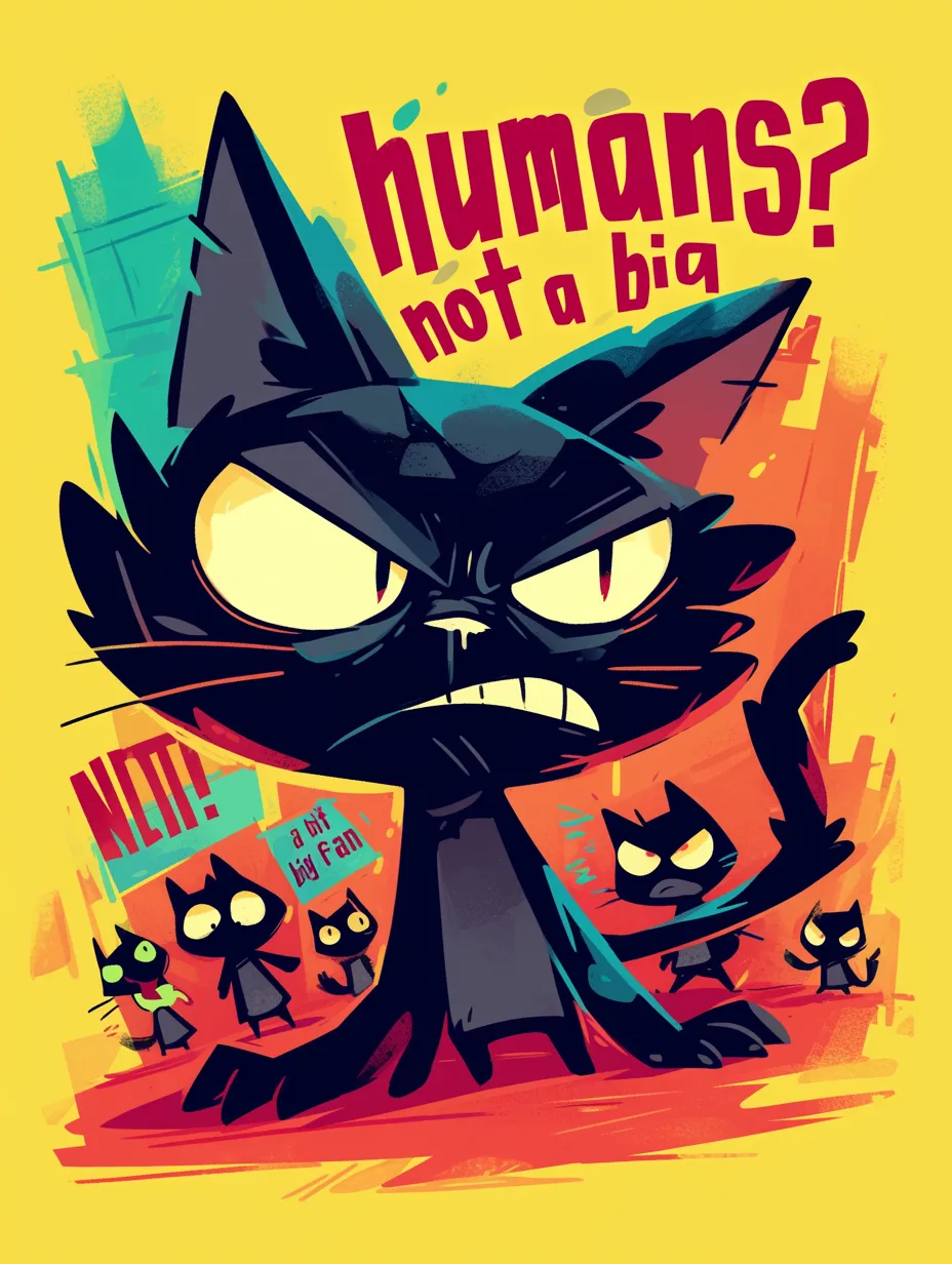 The T-shirt design showcases an adorable little black cat with a mischievous grin, inspired by Matt Bors' cartoon style and outlined in 10-pixel black strokes. Above the cat, bold typography proclaims 