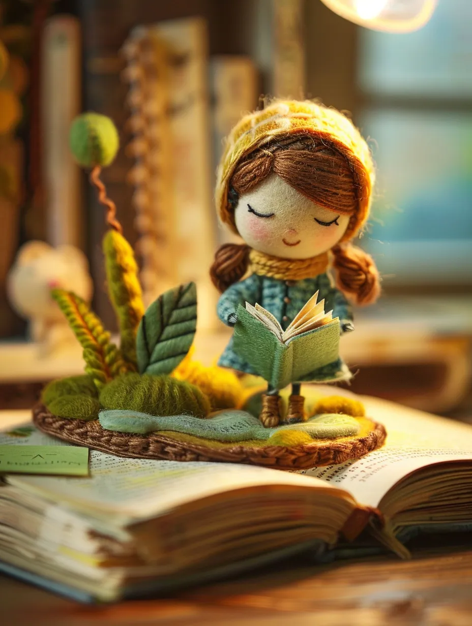 In the enchanting realm of wool felt, a girl student is deeply engrossed in her studies, radiating joy amidst her books and fountain pen. The scene is rich with hyper-realistic details, enhanced by a soft focus, chibi style, tilt-shift effects, and vibrant illumination, showcasing volumetric lighting. Drawing inspiration from Jon Klassen, the composition boasts precise focus, captured with an 80mm lens and a wide aperture against a light backdrop.