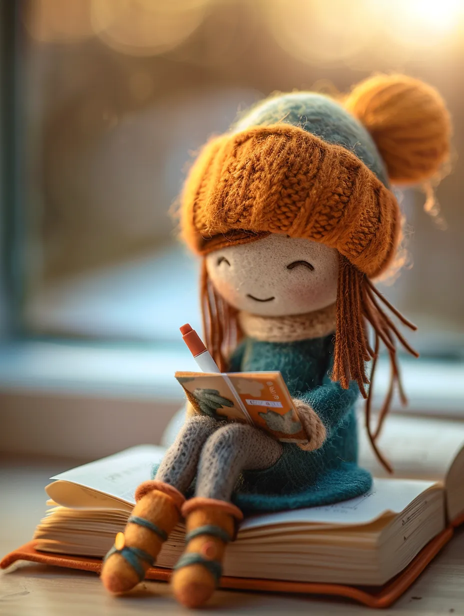 In a delightful realm of wool felt, a girl student joyfully studies, surrounded by books and a fountain pen. The scene boasts hyper-realistic details, a soft focus, chibi style, tilt-shift effects, and exquisite lighting with volumetric elements. Inspired by Jon Klassen, the composition is crisp and vibrant, captured with an 80mm lens and a wide aperture, showcasing a light color palette.