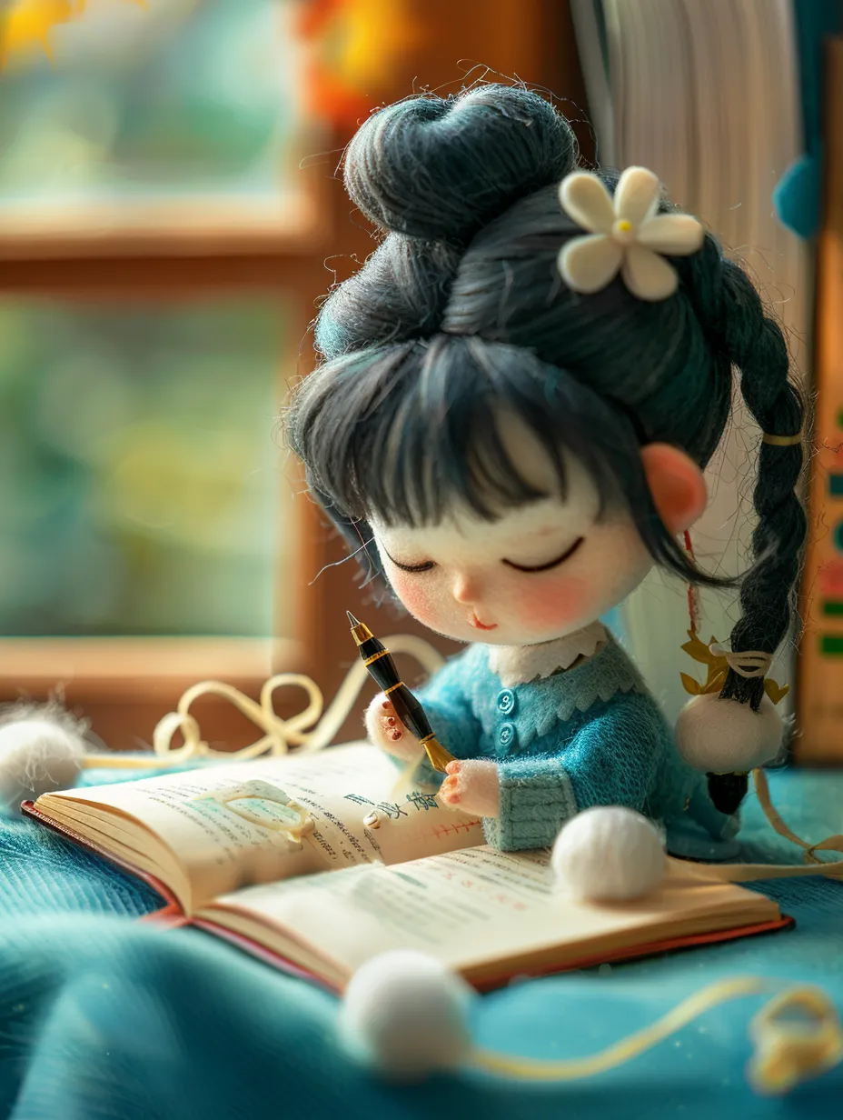 In the enchanting realm of wool felt, a girl student is deeply engaged in her studies, exuding joy among books and pens. The scene is depicted with hyper-realistic detail, showcasing a soft focus and chibi style, enhanced by tilt-shift effects and superb lighting. The volumetric atmosphere encapsulates the essence of Jon Klassen's artistry, with sharp focus achieved through an 80mm lens and a wide aperture, all set against a gentle color palette.