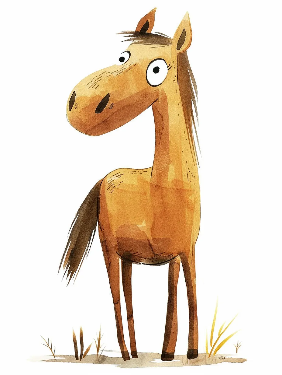 A minimalist cartoon horse stands out against a white background. Its wide-set eyes evoke the innocence of an elementary school student. The whimsical and childlike illustration style adds a playful, anthropomorphic touch. The artwork is both cute and amusing, created in a watercolor style and beautifully set against the white backdrop.