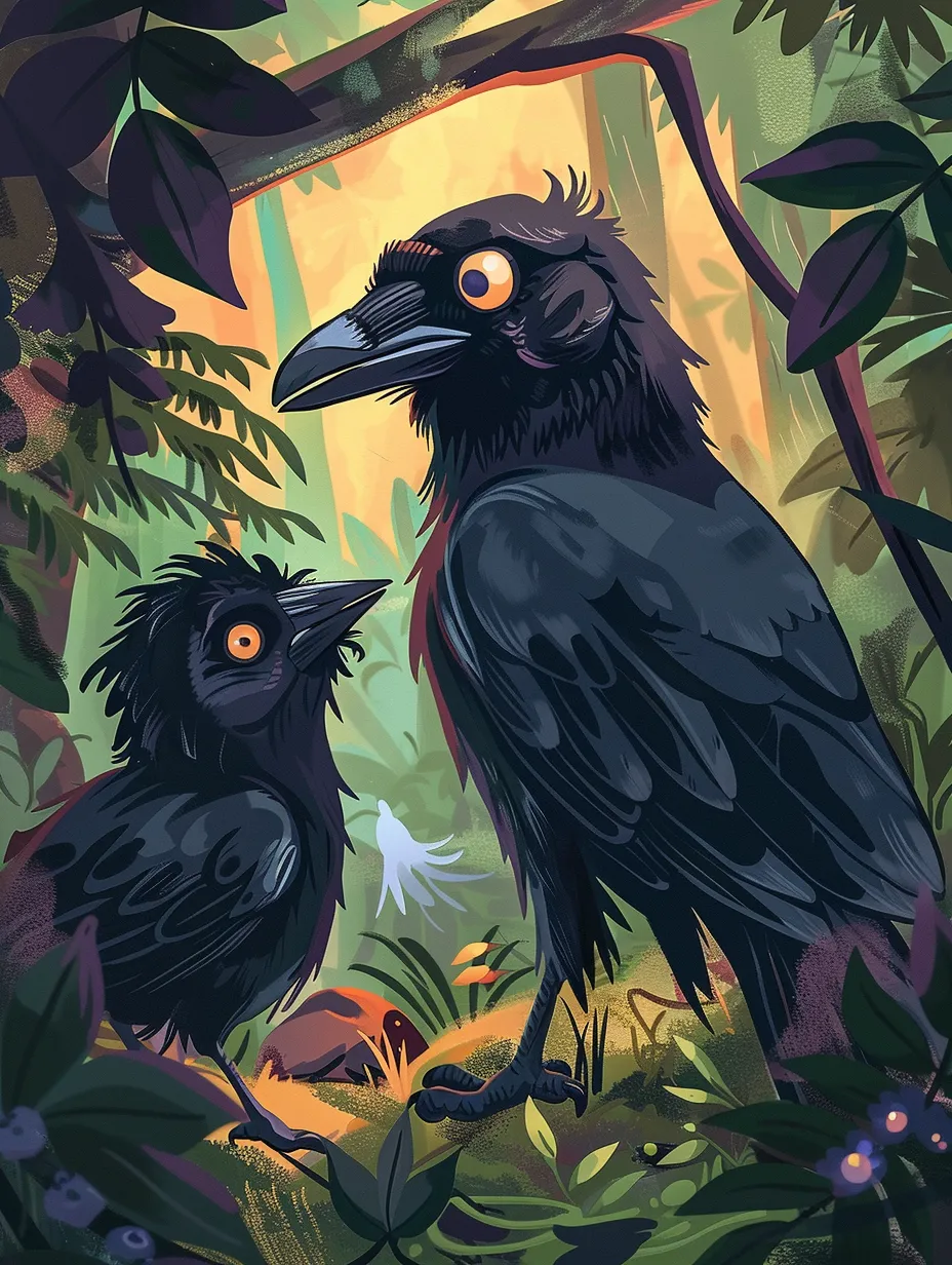 Create a delightful illustration for a Mother's Day card, showcasing a mother crow and her chick gazing lovingly at one another.