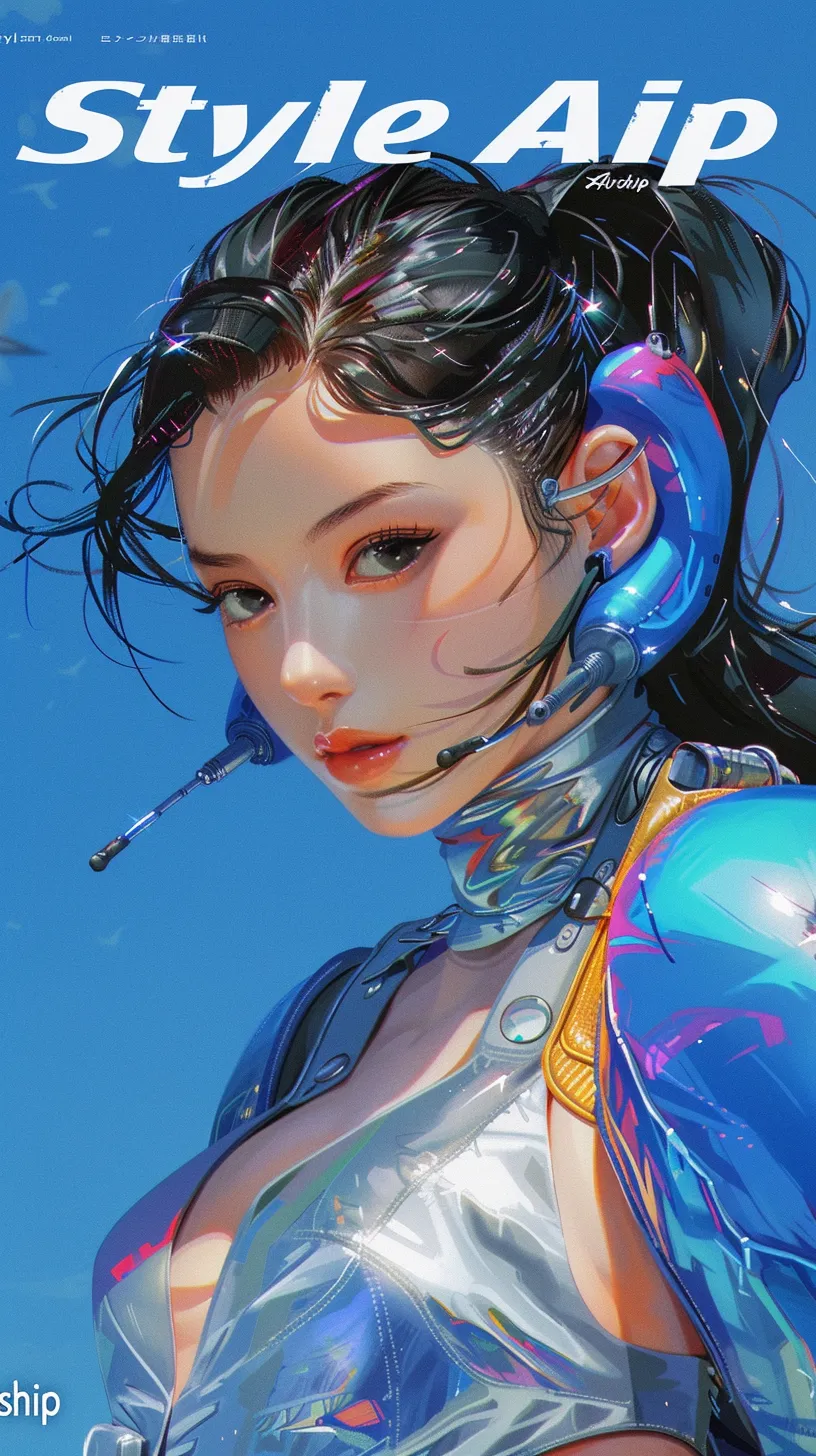 A stunning magical girl warrior wears a vibrant rainbow-colored outfit adorned with oversized blue and silver shoulder pads. The top of the magazine page showcases the striking title 