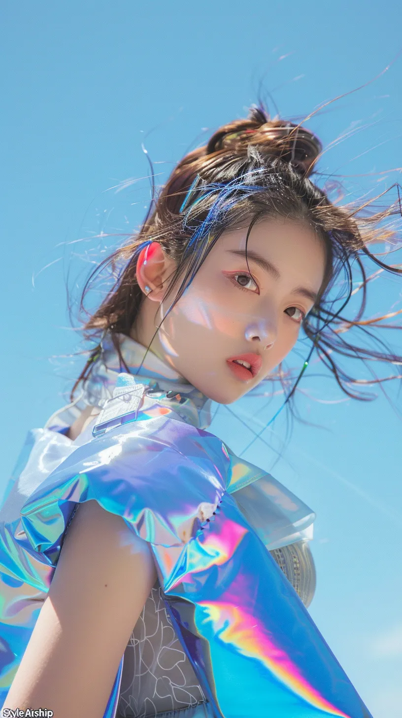 A stunning sailor soldier wears a vibrant ensemble adorned with oversized shoulder pads in rainbow hues of blue and silver. At the top of the magazine page, the title 