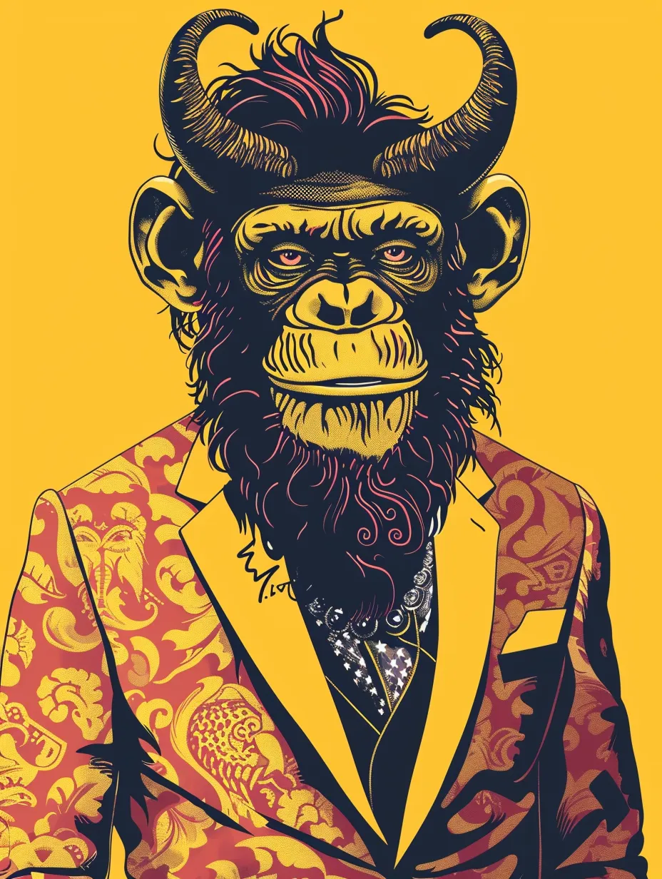 A detailed photograph inspired by the styles of Miles Aldridge and Salvador Dalí, featuring a smiling cartoonish devil monkey dressed in Versace attire, complete with an exceptionally long beard and prominent horns. The background is a vibrant yellow, marked by bold outlines and flat colors characteristic of illustration styles. Its design is simple yet striking, capturing the essence of street art aesthetics. The character is crafted using vector graphics in Adobe Illustrator. In addition to being rendered as an NFT avatar, it incorporates elements of hip-hop culture and is illustrated in a street art style.