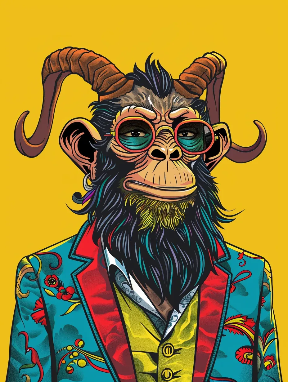 A striking photograph inspired by the styles of Miles Aldridge and Salvador Dalí features a smiling, cartoonish devil monkey clad in Versace attire, complete with an extraordinarily long beard and horns adorning its head. The background is a vibrant yellow, showcasing an illustration style marked by bold lines and flat colors. Its design is simple yet impactful, embodying the essence of street art aesthetics. The character is crafted using vector graphics in Adobe Illustrator. Besides being rendered as an NFT avatar, it also integrates elements of hip-hop culture, presented in a captivating street art style.