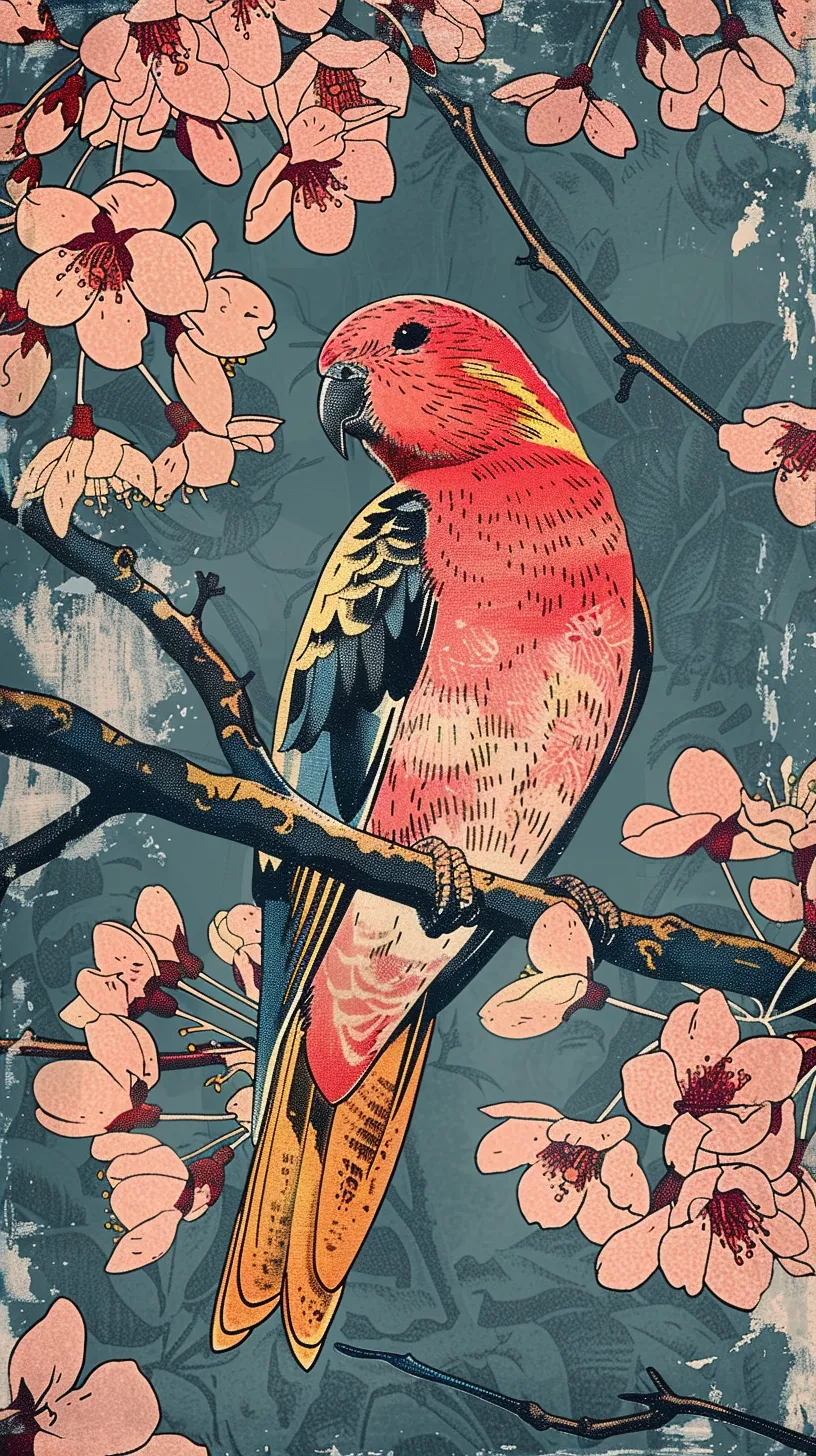 Cherry blossom lino cut, British budgerigar, Japanese vintage poster—colorful, textured, and patterned fine art print.