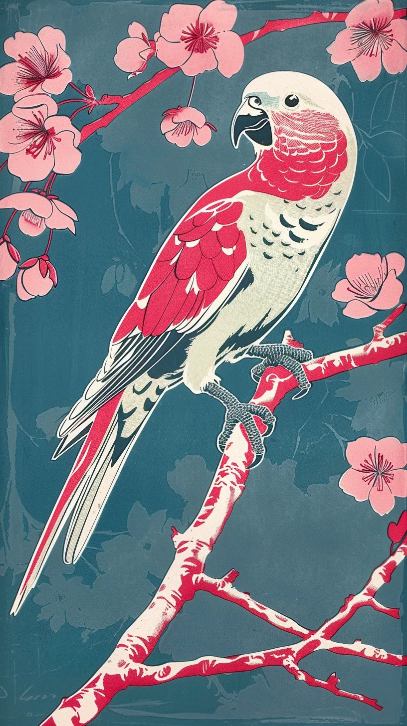 Cherry blossom linocut, British budgerigar, Japanese vintage poster - vibrant, textured, and patterned art prints.