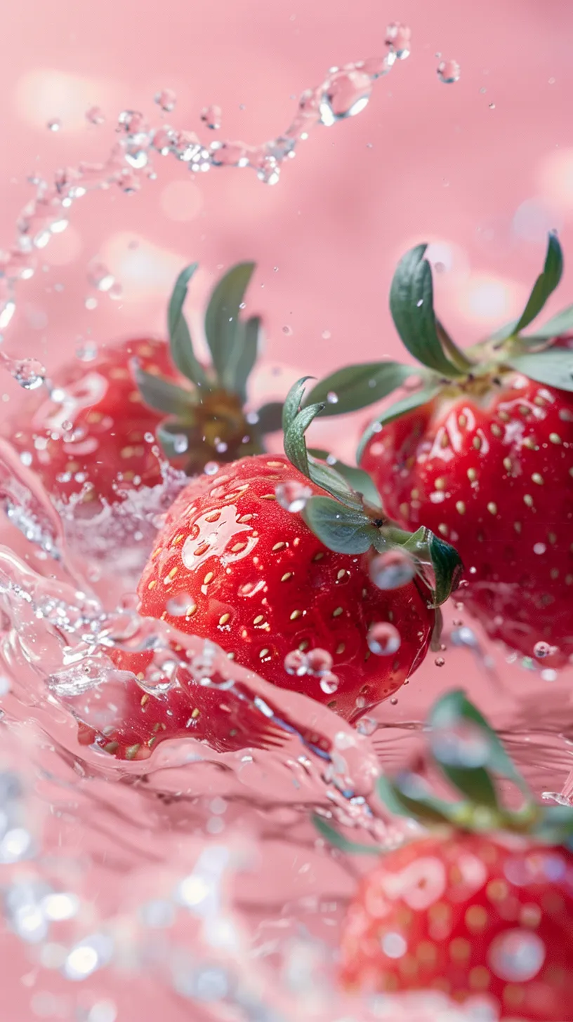 A strawberry poster showcasing multiple strawberries, water splashes, a solid color background, illustrated in light tones with intricate details, all presented in 8K resolution.