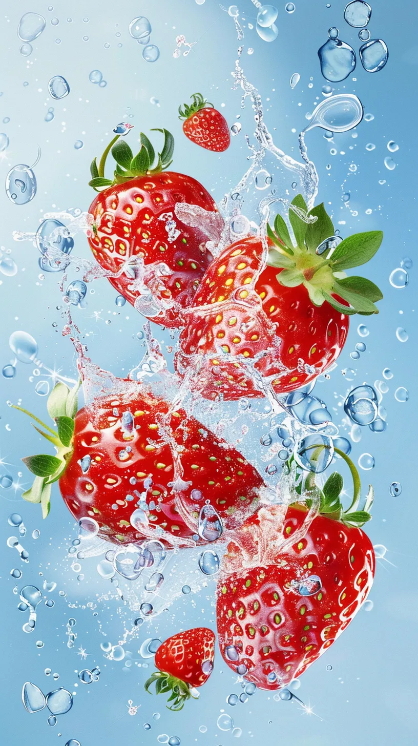 A strawberry poster showcasing multiple strawberries, water splashes, a solid color background, illustrated in a light-toned style with intricate details, rendered in 8K resolution.