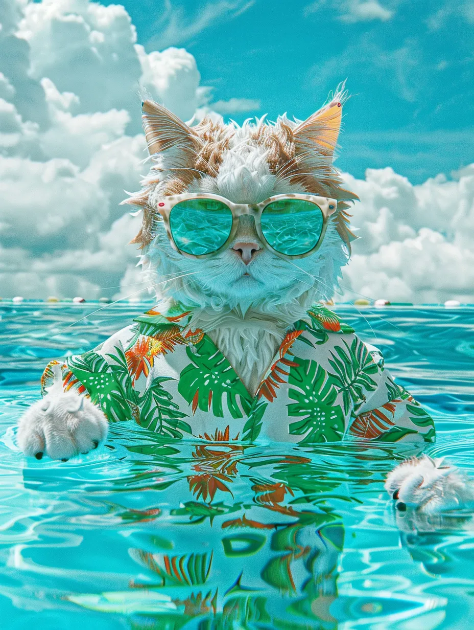 Create a captivating holographic live stream featuring a playful and adorable female cat model, dressed in casual summer beachwear adorned with abstract blue algae patterns. The scene is set by a blue swimming pool, showcasing dynamic movement and an abundance of surreal details.