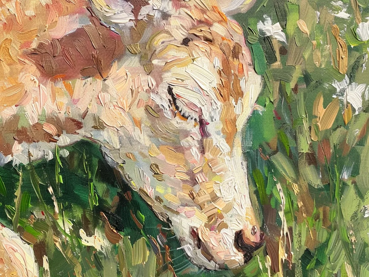 A close-up of an acrylic painting showcasing an animal scene in gentle shades of pink, beige, white, brown, and green, set against a backdrop of lush green grass, reflecting the styles of Matisse, Van Gogh, and Picasso.