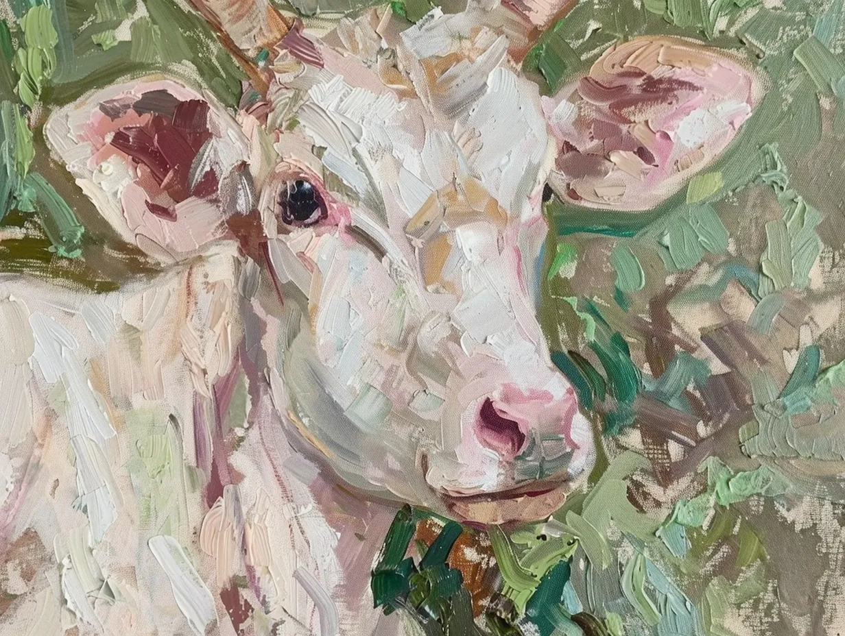 A close-up of an acrylic painting portraying an animal scene in gentle hues of pink, beige, white, brown, and green, set against a backdrop of lush grass, embodying the styles of Matisse, Van Gogh, and Picasso.