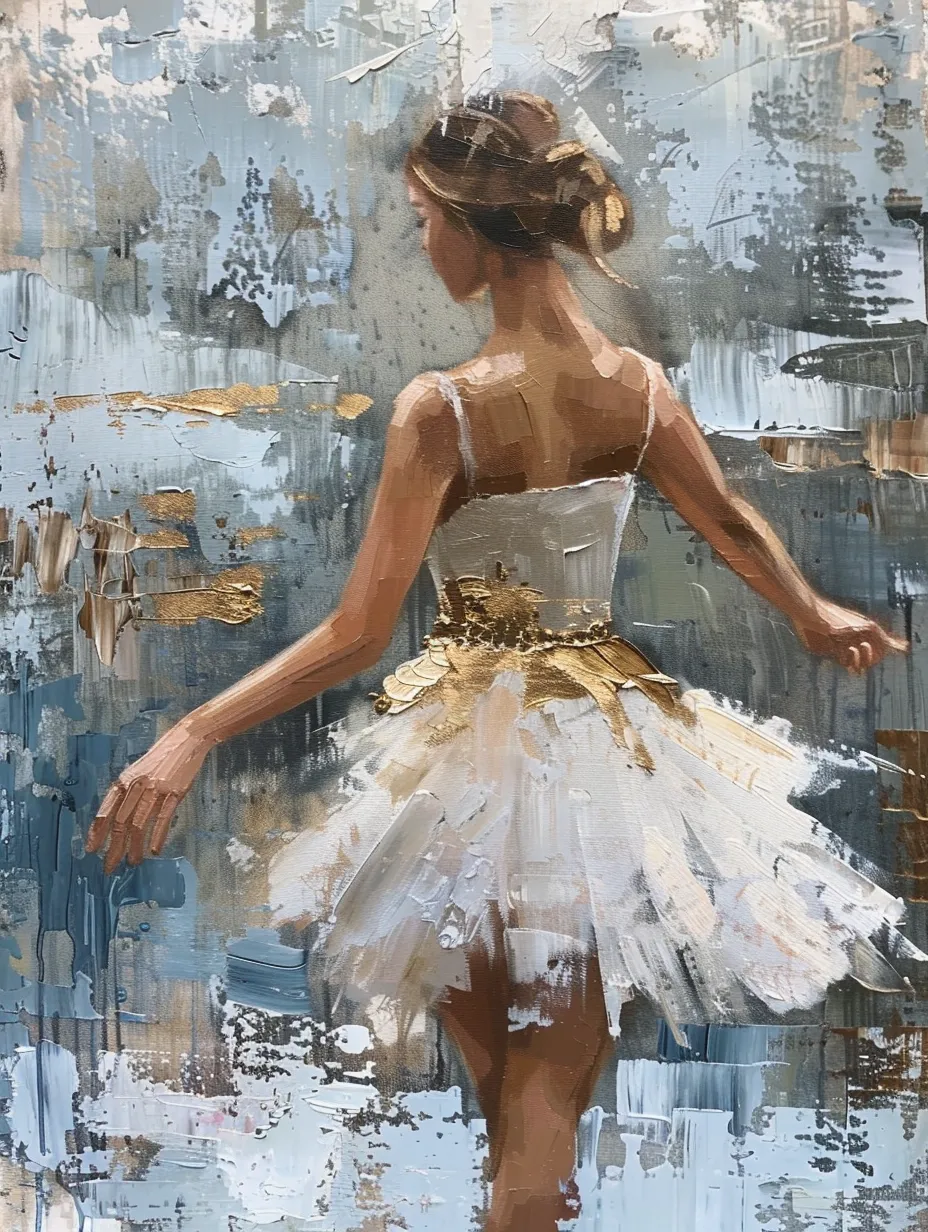 In the oil painting, a ballet dancer clad in a white tutu adorned with golden accents extends her arms with grace. Draped in a flowing gown, she is surrounded by a dreamlike ambiance created by soft lighting. The background showcases an abstract water scene in gentle blues and grays, with visible brushstrokes in the textured oil paint, enhancing the depth and richness of the composition.