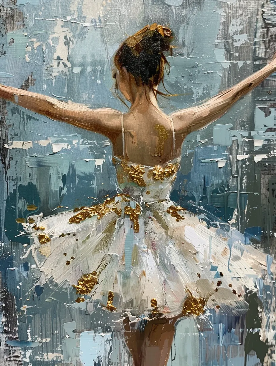 In the oil painting, a ballet dancer stands poised before the camera, dressed in a white tutu adorned with golden accents. Her arms extend gracefully, complemented by a flowing dress that enhances her elegance. Soft lighting casts a dreamlike atmosphere. The background showcases an abstract water scene in delicate shades of light blue and gray, with visible brushstrokes that add texture to the oil paint, imparting a three-dimensional quality and rich detail.