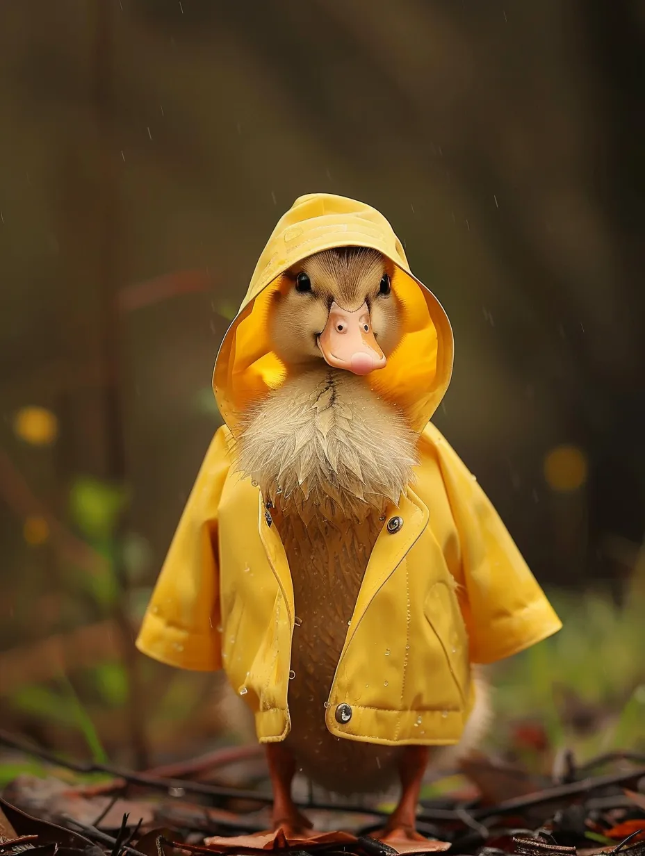 A lifelike little duck dressed in a yellow raincoat. Adorable and beautifully captured in film photography, featuring a delightful grainy texture.