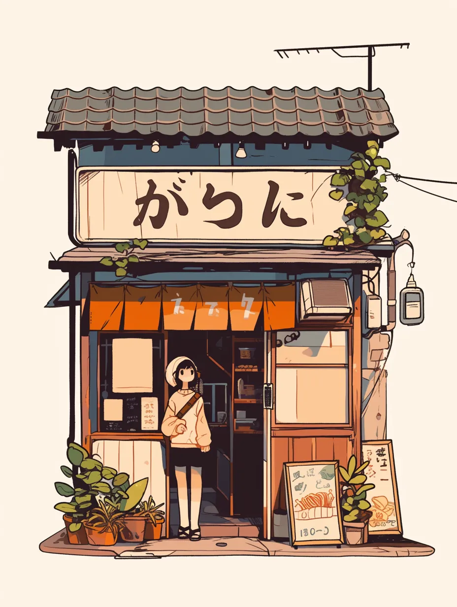 A quaint ramen shop in Japan, characterized by line art, minimalist design, and vibrant colors.