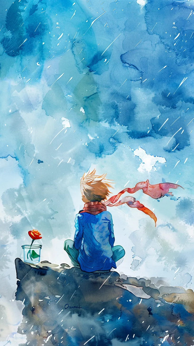 The Little Prince sits on his planet, a glass cup cradling his only rose. He gazes at the blue sky, observing the rain and the wind. His scarf dances in the breeze, evoking a sense of sadness intertwined with beauty—a charming and artistic watercolor of a child—innocent, abstract, strikingly simple and wild, almost flawed, lacking in technique, yet rendered in high resolution.