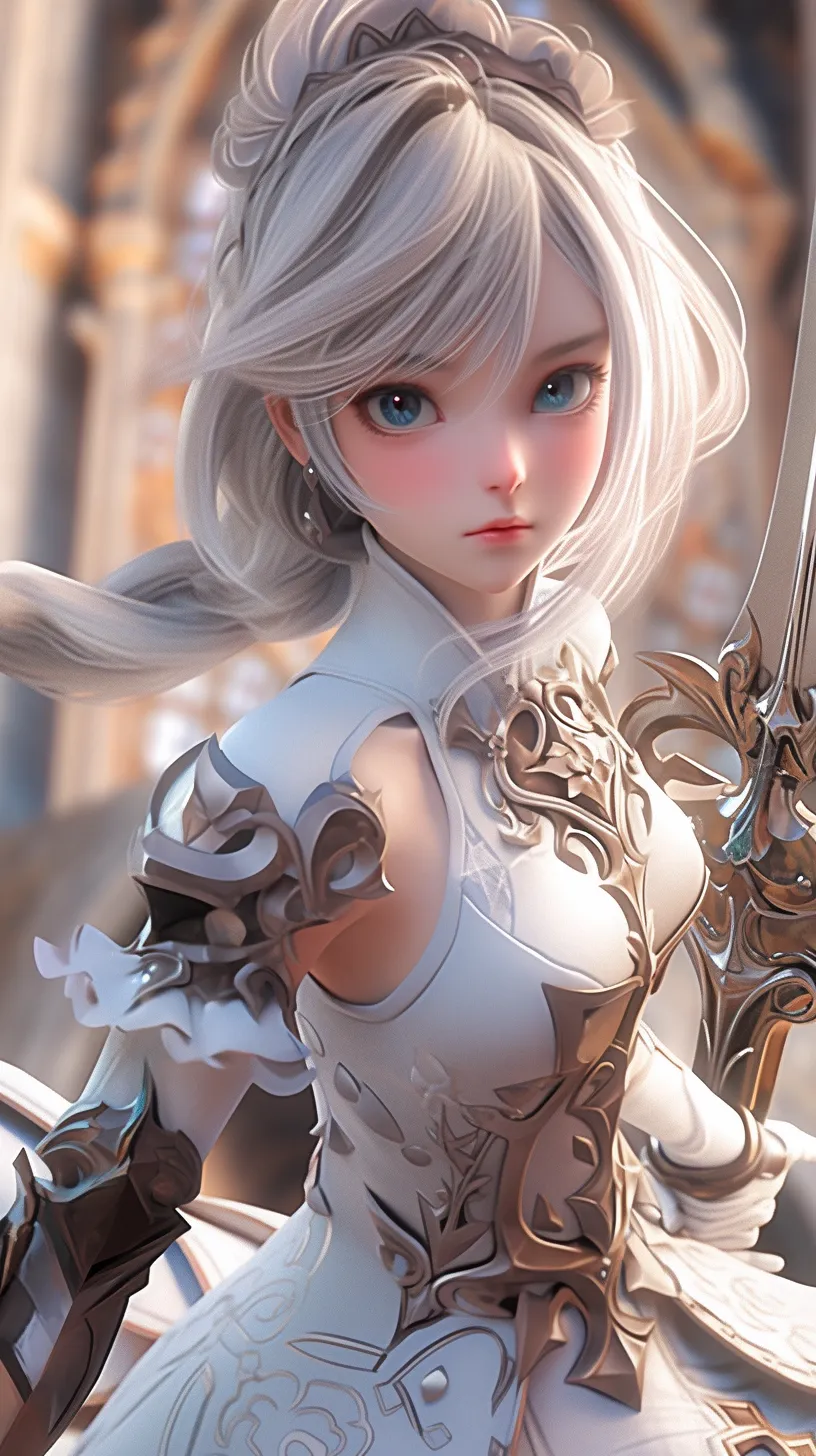 A cute girl in a dynamic pose, donning armor and wielding a sword, with striking white hair, illuminated by dramatic lighting.