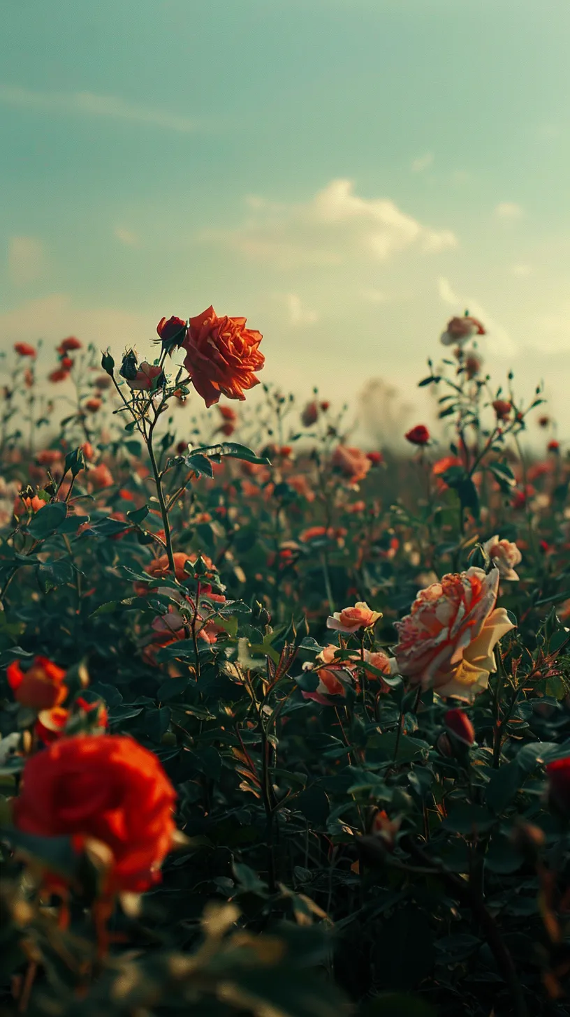 Vast fields adorned with beautiful flowers and roses create an open foreground free of a central theme, presenting a romantic landscape in a charming, elegant, and delightful setting. This captivating illusion, reminiscent of cinema, features an epic composition rich in intricate details and complexity. Shot in high definition with sharp focus and a low aperture, it is illuminated in the style of Ridley Scott.