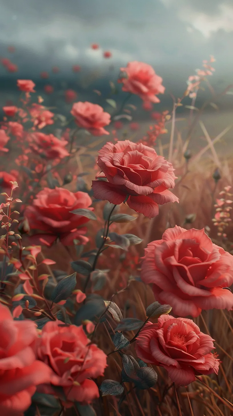 Vast fields adorned with beautiful flowers and roses create an expansive foreground without a central theme. This romantic scenery offers a lovely and elegant environment filled with charming illusions. The cinematic visuals feature epic compositions with intricate details and complexity, presented in high definition with sharp focus and a wide aperture, reminiscent of Ridley Scott's lighting style.