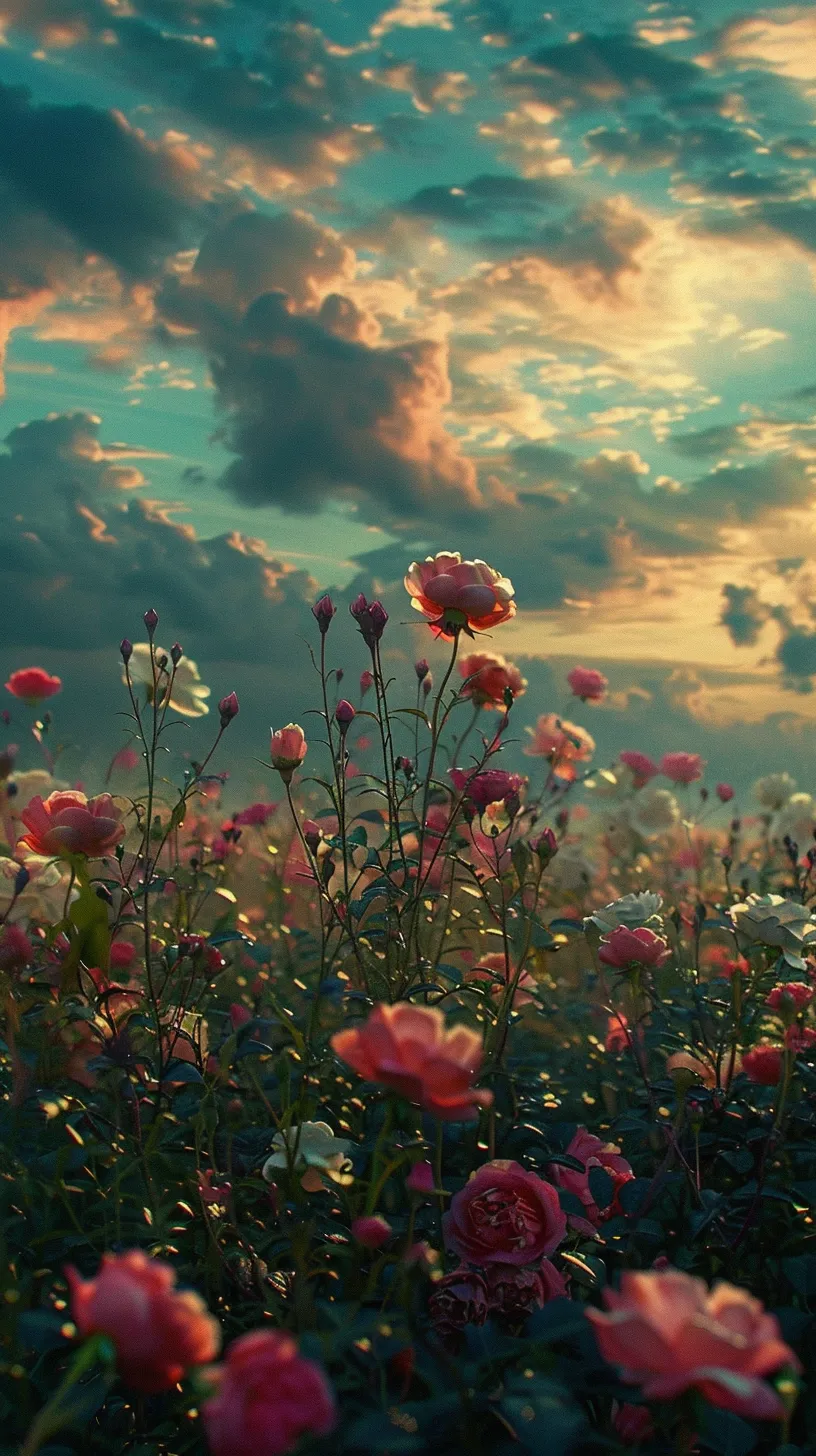 Vast fields adorned with stunning flowers and roses, an open foreground without a specific subject, a romantic landscape, a charming and elegant atmosphere, delightful illusions, cinematic quality, epic compositions, intricate details, high definition, sharp focus, low aperture, and Ridley Scott-inspired lighting.