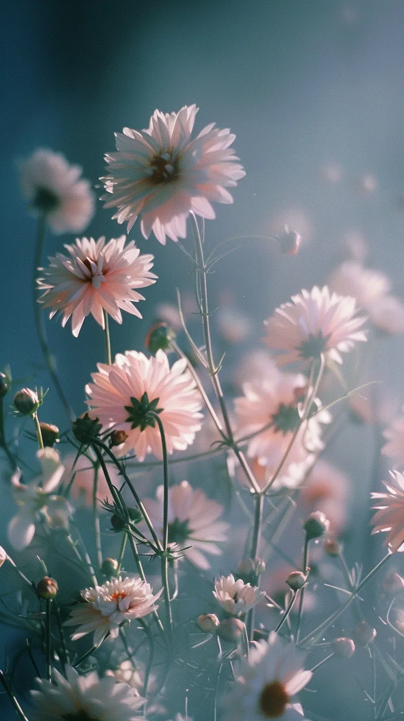 Movie stills feature a vibrant array of blurred flowers, abundant petals, and soft colors, all captured with a 10-second slow shutter speed using a 35mm lens and shallow depth of field. Shot on Kodak Portra 800, the images present a hazy white cat with blue eyes, indistinct faces, film grain, lomographic effects, light leaks, natural side lighting, and plant shadows. The ethereal background transitions between deep and light blues, showcasing high contrast alongside a crescent moon. Excluded elements include poor quality, haze, freckles, unattractive faces, overweight bodies, missing fingers, and any signs of distortion, such as missing teeth, poorly rendered faces, close-ups, direct gazes at the viewer, and smiles.