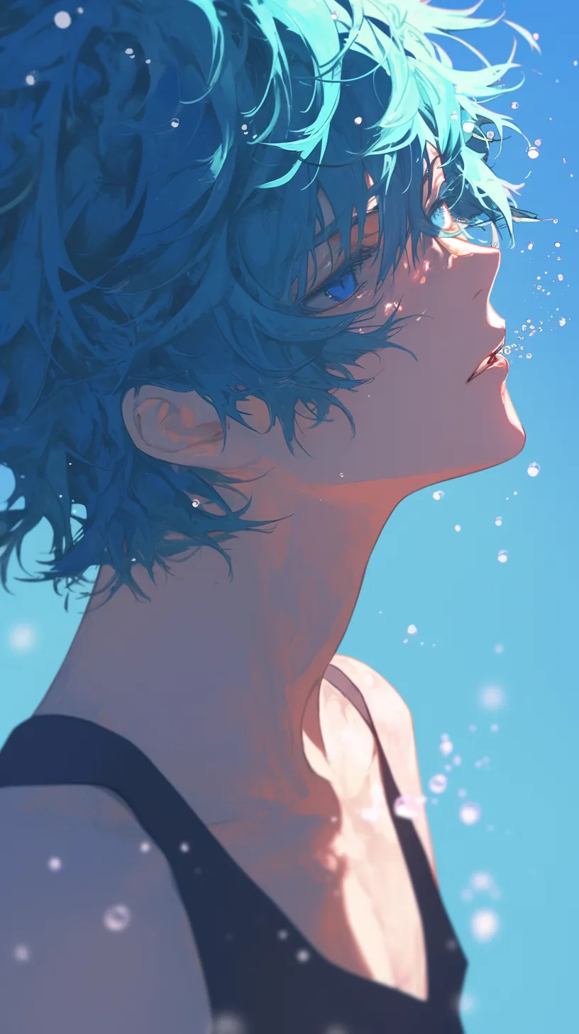 A handsome boy with blue hair and blue eyes is showcased in a close-up profile. He has a cool demeanor and is wearing a dress, set against a background that enhances depth, all rendered in an anime style.