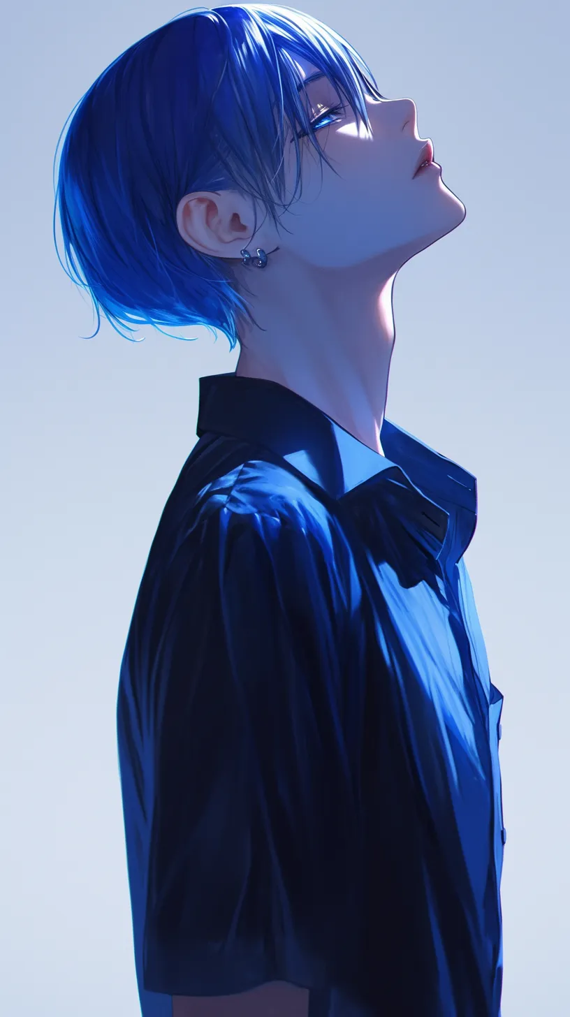 A striking boy with blue hair and blue eyes, depicted in a close-up profile shot. He emanates a cool and distant aura while wearing a dress, rendered in a deep-focus anime style.