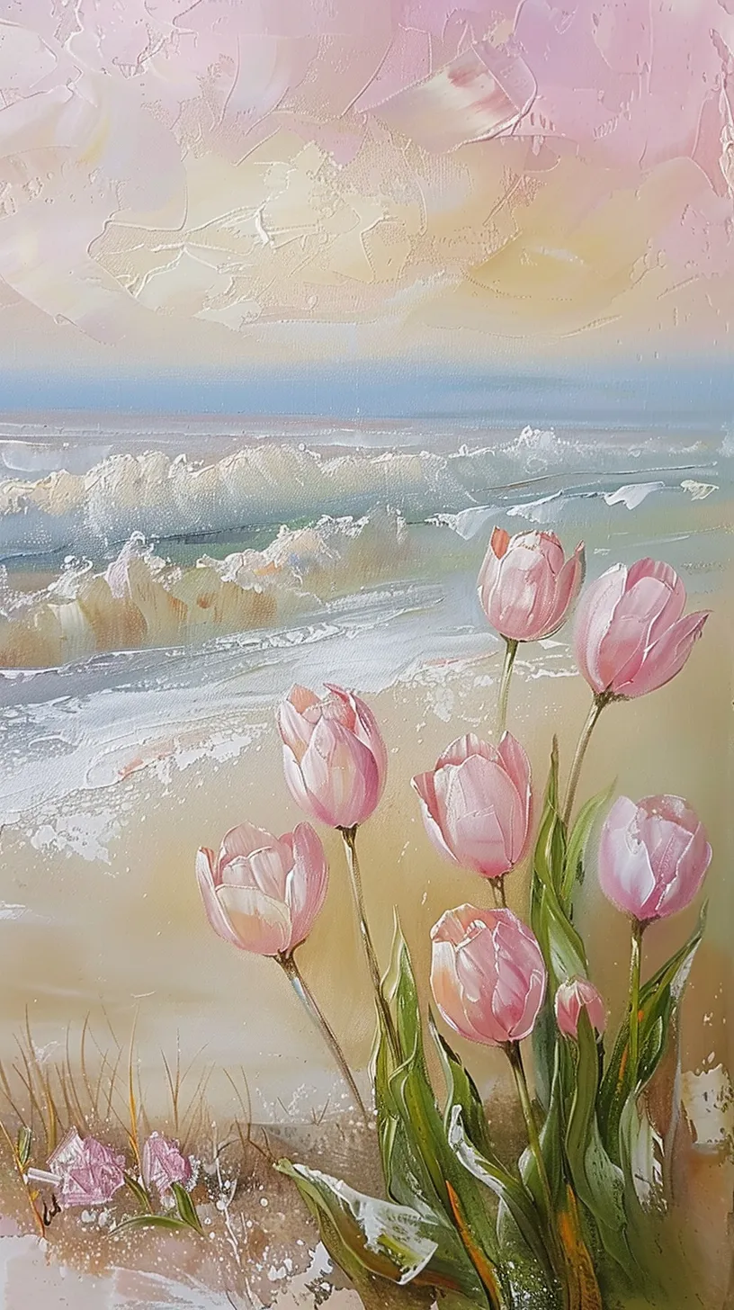 Tulip flowers, gentle seascapes, soft pink skies, sandy yellow shores, floral accents, textured cream paintings, coastal elegance, gentle waves, harmonious tulips, petals by the sea, vintage charm, delicate blossoms, pale tones, tranquil beaches, tulip textures, soothing colors, serene skies, sea breezes, tulip gardens, creamy coastlines, peaceful blooms, soft lighting, clusters of tulips, coastal tranquility, creamy brushstrokes, harmonious scenes, the magic of tulips, floral harmony, and the tranquil sea.