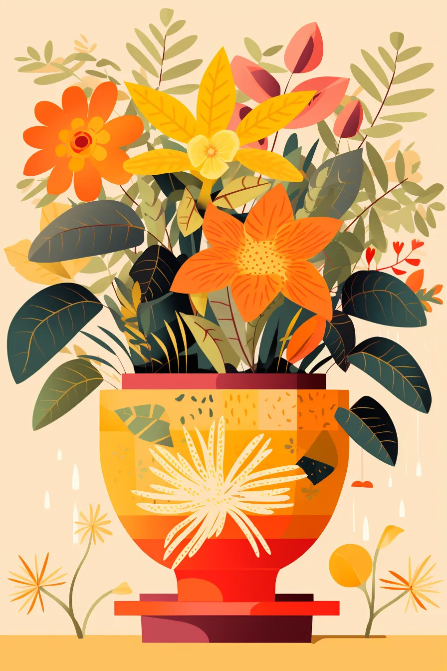 Vector illustration of potted plants in an eclectic collage style, capturing the essence of cabincore.