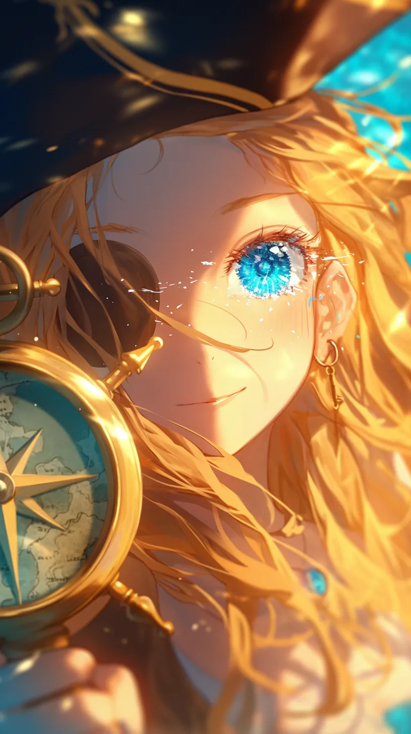 A girl dressed in pirate attire holds an antique map, her long hair cascading around her shoulders, blue eyes sparkling with excitement, and a bright smile on her face. She possesses an ancient compass, designed in the style of a Miyazaki/Ghibli Studio sketch, embellished with shell decorations. The scene is illuminated with a soft glow effect in shades of sea blue, featuring backlighting and a close-up perspective, all captured in high resolution.