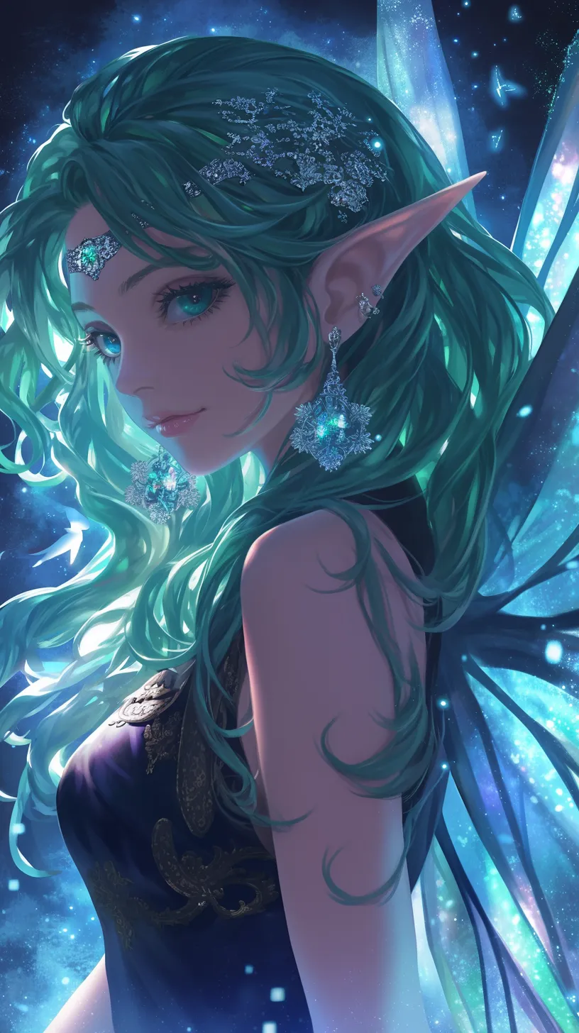 Elf, glamorous and modern, inspired by Hayao Miyazaki and Studio Ghibli. Mirrored and backlit, featuring pastel colors in a mid-shot close-up. Ultra-detailed and richly textured, with a slender waist, blue eyes, and green hair against a starry background. Dressed in a fringed long dress, with warm lip color, an exquisite face, beautiful earrings, amulet decorations, ear accessories, and a sheer veil adorned with outlined patterns, complemented by long earlobes.