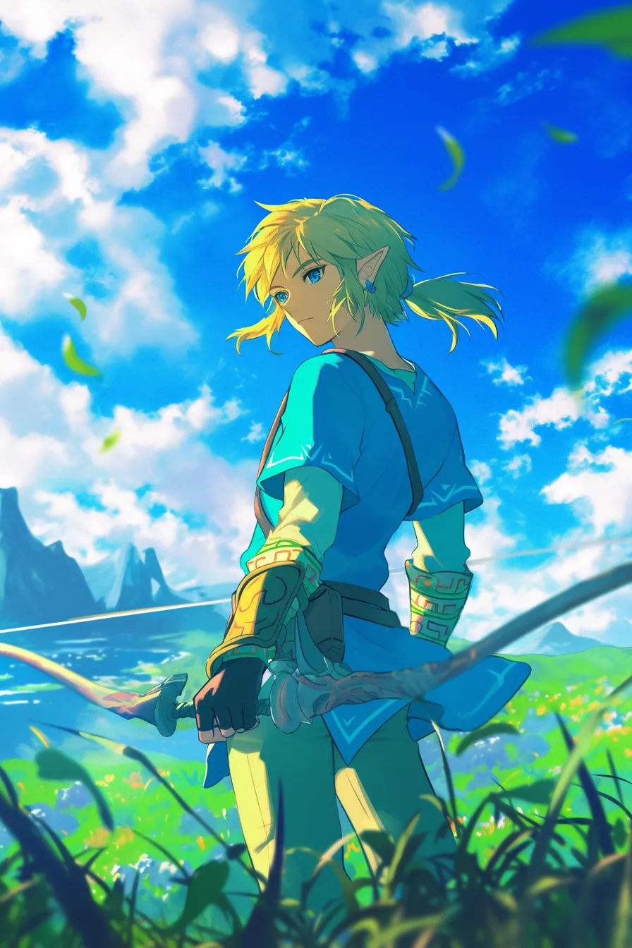 Link from The Legend of Zelda, poised for battle, depicted in Nintendo's iconic art style, captured in a still frame of an 8K ProRes film.