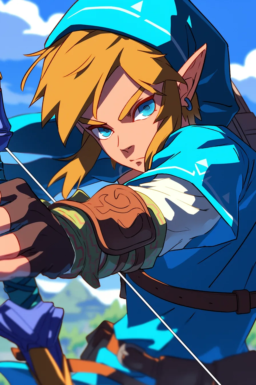 Link from The Legend of Zelda is geared up for battle, depicted in bright Nintendo-style cartoon colors and captured as a still frame in 8K ProRes.