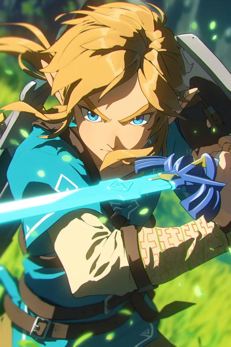 Link from The Legend of Zelda is battle-ready, showcased in Nintendo's signature cartoon style, captured in a still frame of an 8K ProRes film.