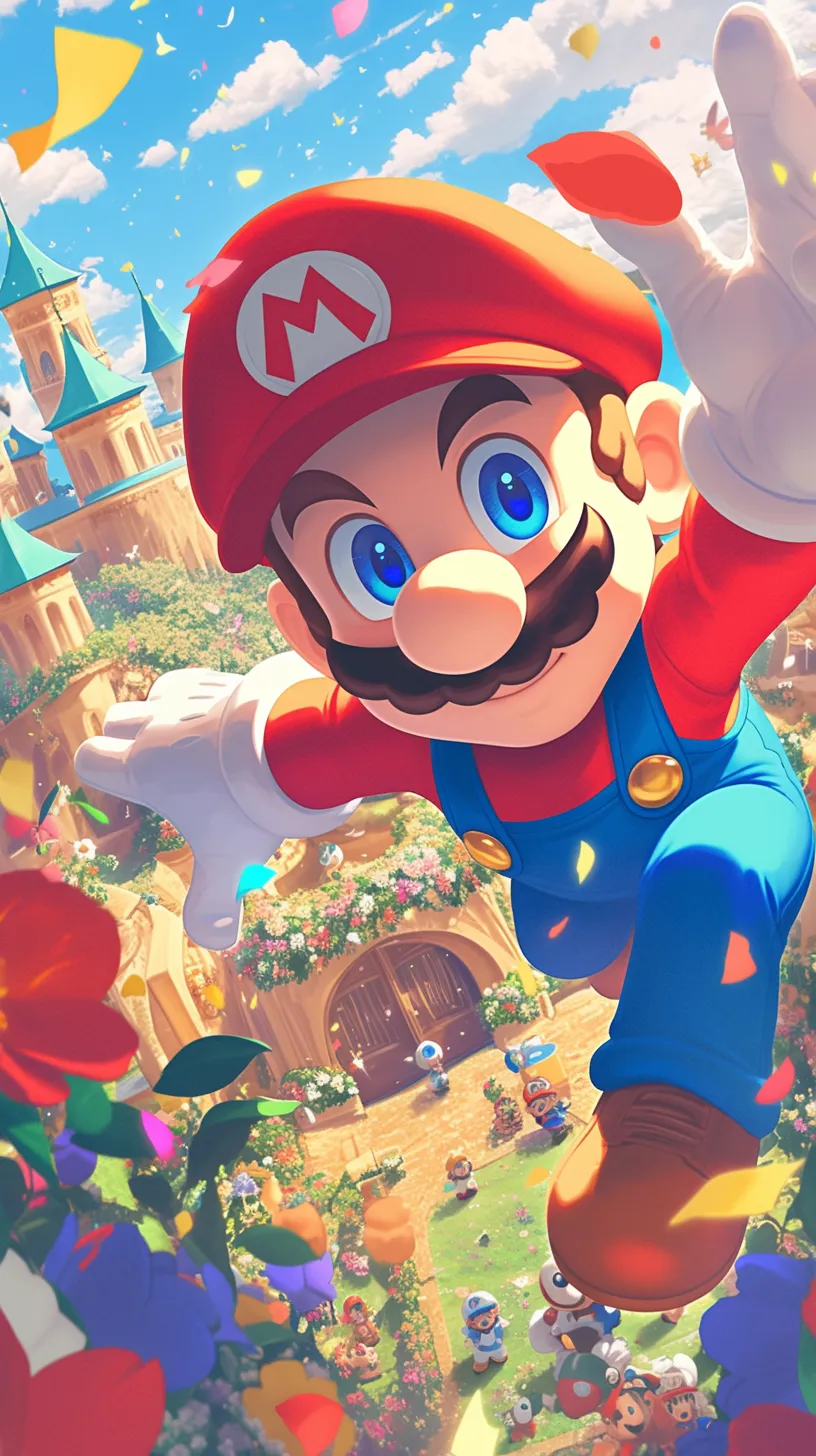 Mario, from Nintendo's Super Mario, is characterized by his blue eyes, red hat, red outfit, blue overalls, and white gloves. His exaggerated expressions and actions stand out against a castle backdrop, adorned with blooming flowers along the corridor and vibrant iridescent highlights. The scene is presented in a standard shot, showcasing exquisite texture and high resolution.